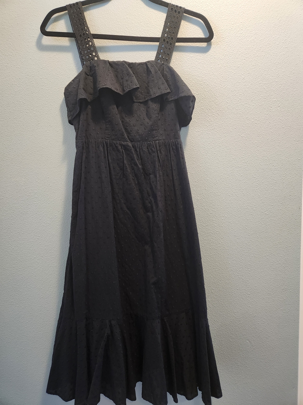 J. Crew Black Eyelet Ruffle Strap Midi Dress